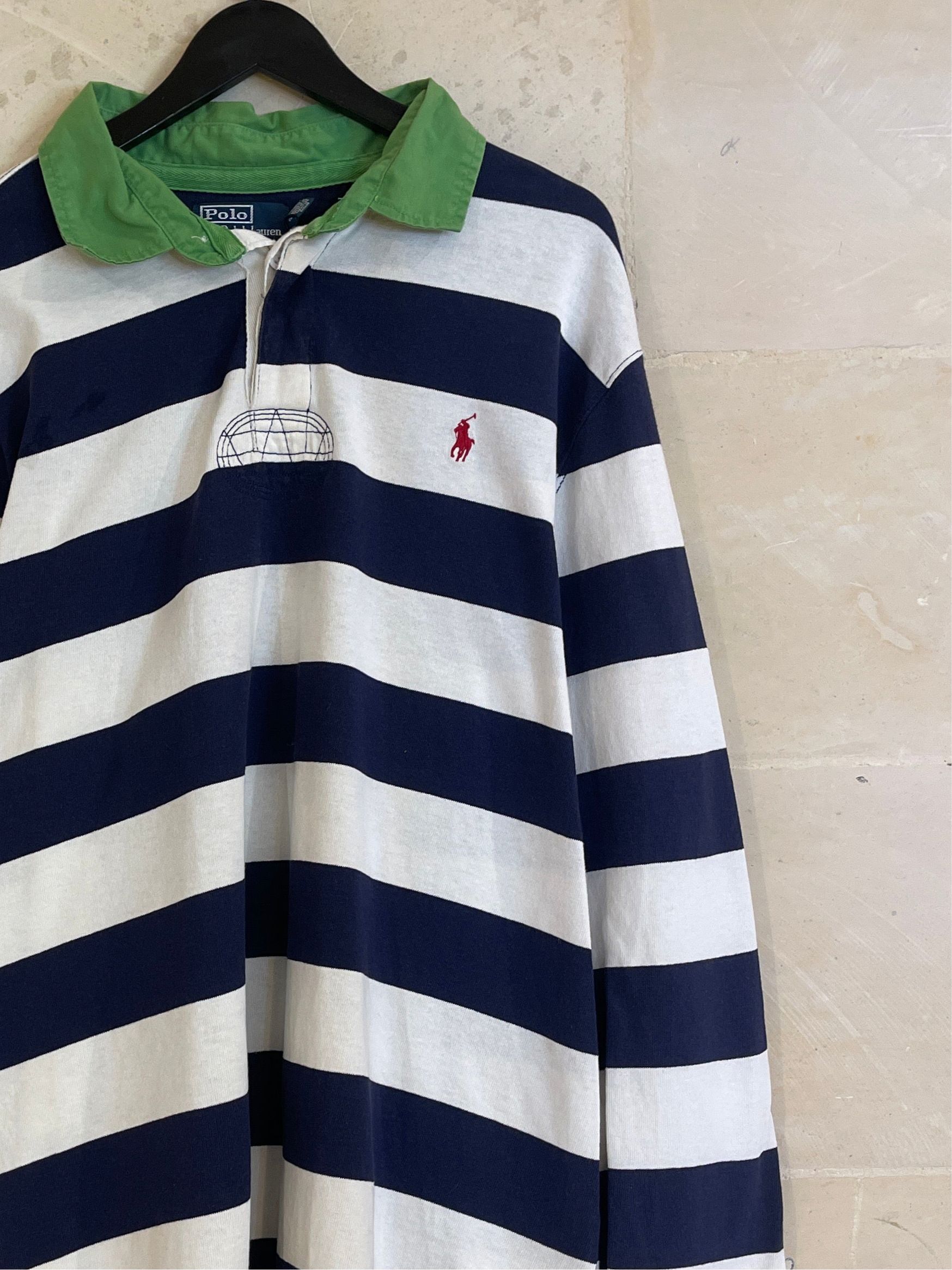 Vntg Ralph Lauren Rugby LS Polo Strip (XXL)*