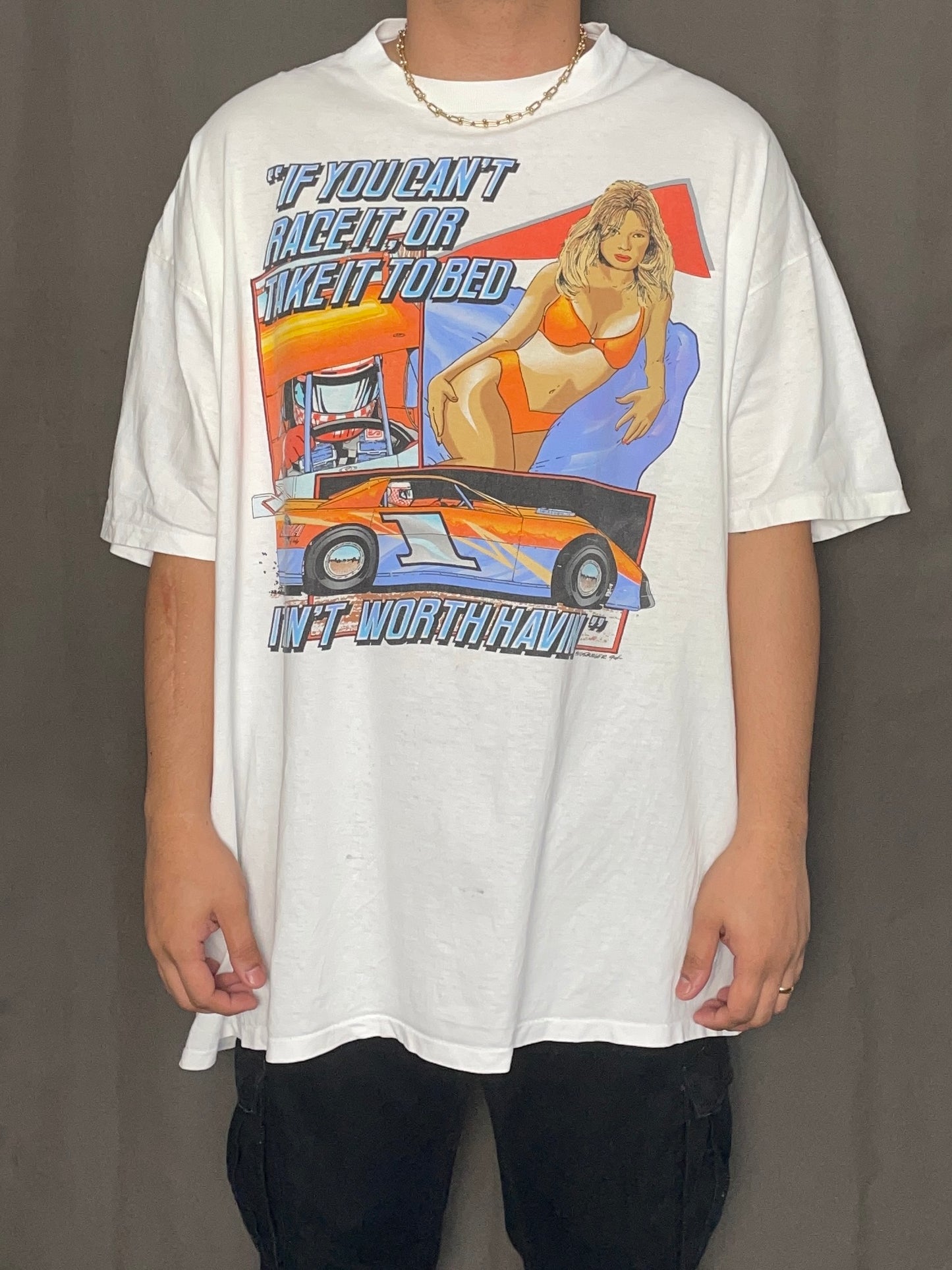 Vintage 1993 Babe Racing Tee (XXL) light yellowings stain